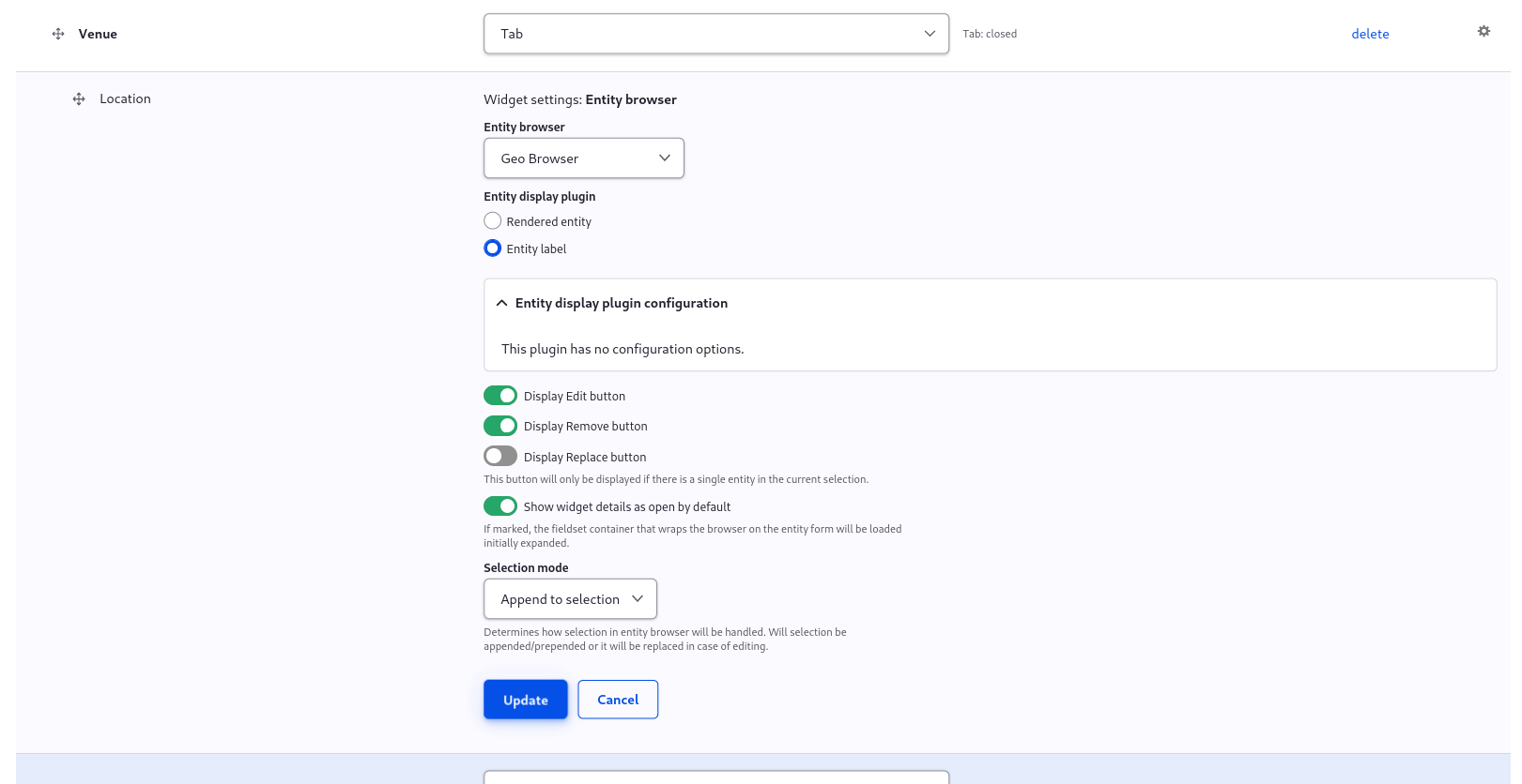 Entity Browser settings open for Location field